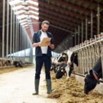 man standing in dairy barn holding a clipboard inspecting cows